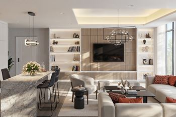 A modern living room with a marble table and a flat screen TV at Roxy Apartments, Hamilton